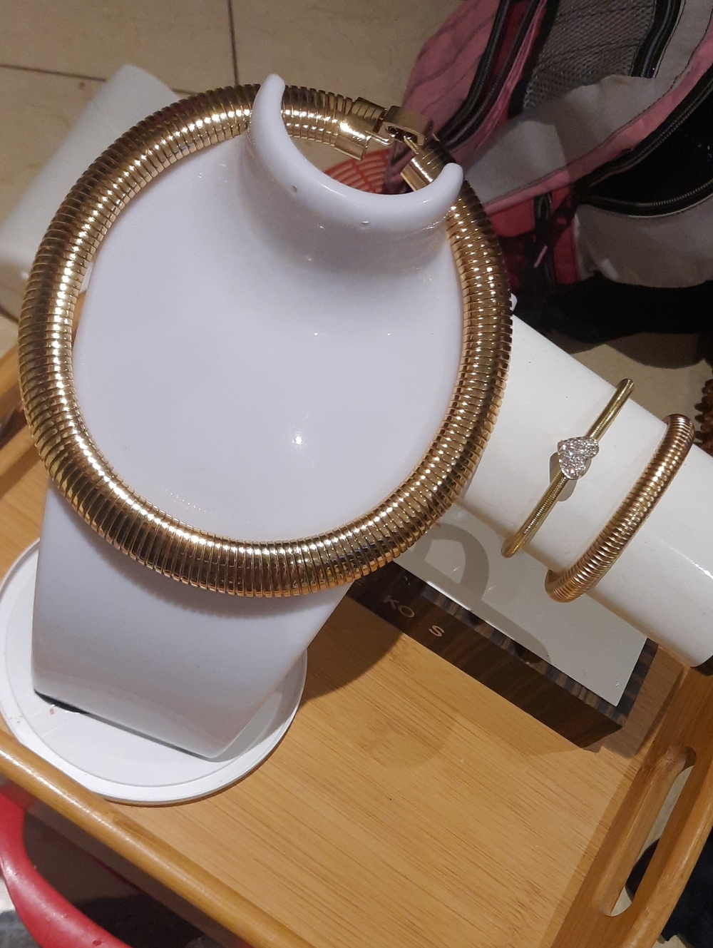 MASSIVE Gold OMEGA Necklace Cobra Chain Collar 2 Bangle Bracelets Crystal Heart